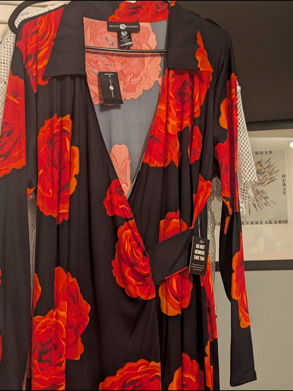 Ashley Stewart Black Wrap Dress with Red Rose Print